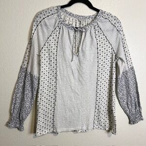 Lucky Brand Small Peasant Top Boho Smocked Cuffs Tie Neck Floral Print Cottage‎